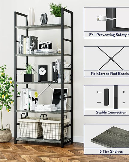 NUMENN 5 Tier Bookshelf, Tall Bookcase Shelf Storage Organizer, Modern Book Shelf for Bedroom, Living Room and Home Office, Dark Grey - LeafyLoom