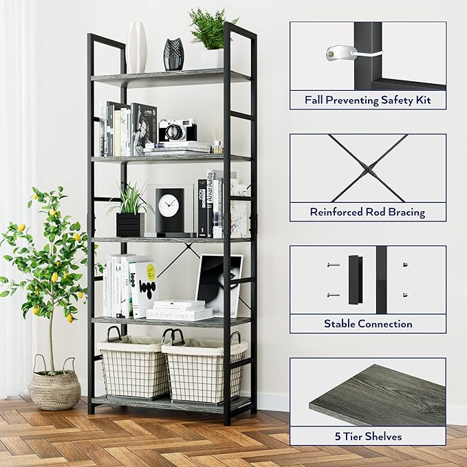 NUMENN 5 Tier Bookshelf, Tall Bookcase Shelf Storage Organizer, Modern Book Shelf for Bedroom, Living Room and Home Office, Dark Grey - LeafyLoom