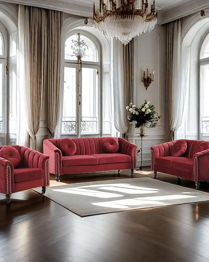 Velvet Loveseat Modern Living Room 3 Piece with Scroll Arms and Nailhead, includes 2 Love-seat Chair & Armchair, Sofa Couch Set Red - LeafyLoom