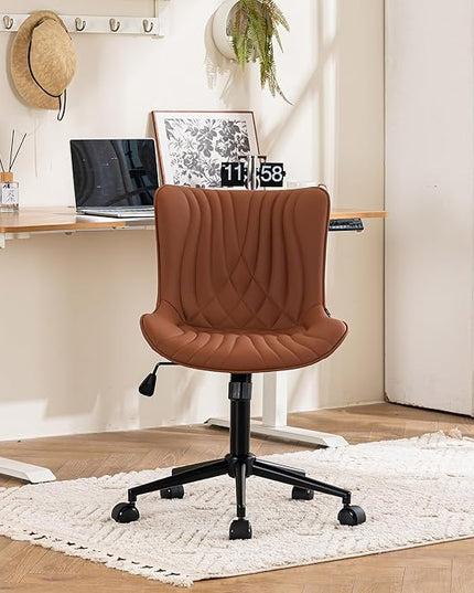 YOUTASTE Coffee Brown Office Chair Modern Armless Desk Chair with Wheels Adjustable Swivel Rocking Rolling Computer Study Chairs Faux Leather Sewing Chairs with Back Stylish Vanity Chair - LeafyLoom