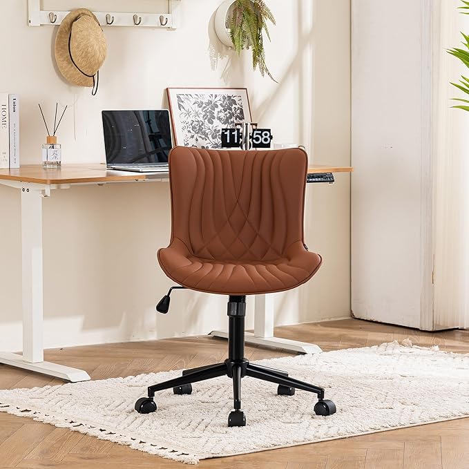 YOUTASTE Coffee Brown Office Chair Modern Armless Desk Chair with Wheels Adjustable Swivel Rocking Rolling Computer Study Chairs Faux Leather Sewing Chairs with Back Stylish Vanity Chair - LeafyLoom
