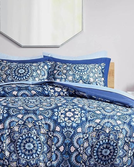 Comfort Spaces Girls Bed in A Bag Floral Comforter Set College Dorm Room Essentials, Complete Dormitory Bedroom Pack And Sheet with 2 Side Pocket Includes Extra Pillowcase Sets, Twin, Medallion Blue - LeafyLoom