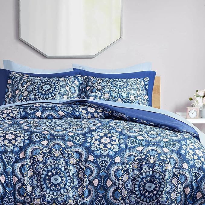 Comfort Spaces Girls Bed in A Bag Floral Comforter Set College Dorm Room Essentials, Complete Dormitory Bedroom Pack And Sheet with 2 Side Pocket Includes Extra Pillowcase Sets, Twin, Medallion Blue - LeafyLoom