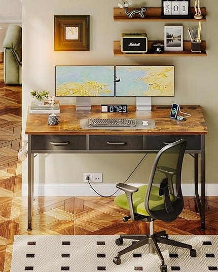 AODK 48 Inch Computer Desk with 3 Fabric Drawers, Office Desk with USB/Type-C Charging Ports & Power Outlets, Vanity Desk with Iron Hook for Bedroom, Study/Writing/Work Table for Bedroom,Vintage - LeafyLoom
