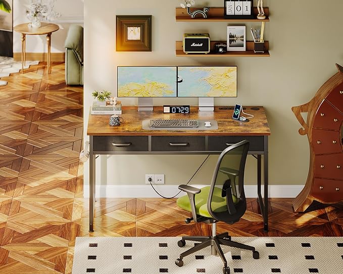 AODK 48 Inch Computer Desk with 3 Fabric Drawers, Office Desk with USB/Type-C Charging Ports & Power Outlets, Vanity Desk with Iron Hook for Bedroom, Study/Writing/Work Table for Bedroom,Vintage - LeafyLoom