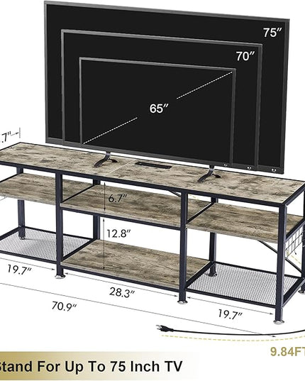 VECELO TV Stand with Power Outlets for Televisions Up to 75 Inch, Industrial Entertainment Center with 3-Tier Open Storage Shelves & 6 Hooks for Living, Bedroom and Gaming Room, 70 Inch, Rustic Grey - LeafyLoom