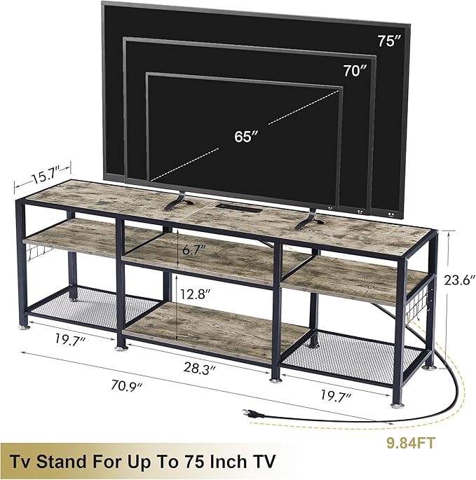 VECELO TV Stand with Power Outlets for Televisions Up to 75 Inch, Industrial Entertainment Center with 3-Tier Open Storage Shelves & 6 Hooks for Living, Bedroom and Gaming Room, 70 Inch, Rustic Grey - LeafyLoom