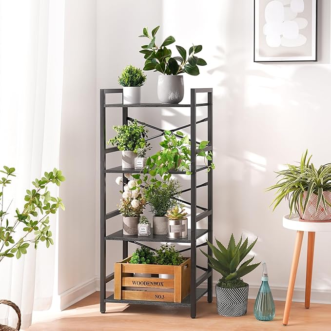 Yoobure 4 Tier Bookshelf - Small Book Shelf Industrial Bookcase, Narrow Book Case Book Storage Organizer for CD/Movie/Book, Bookshelves for Bedroom Office Living Room Charcoal Gray - LeafyLoom