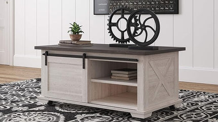 Signature Design by Ashley Dorrinson Farmhouse Coffee Table with Sliding Barn Doors, Antique White & Brown - LeafyLoom