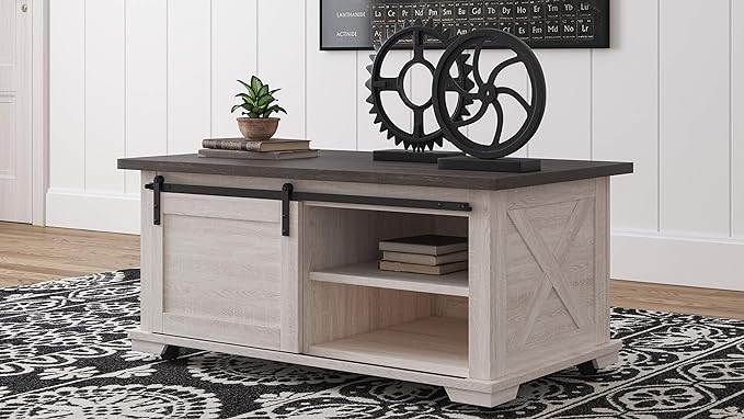 Signature Design by Ashley Dorrinson Farmhouse Coffee Table with Sliding Barn Doors, Antique White & Brown - LeafyLoom