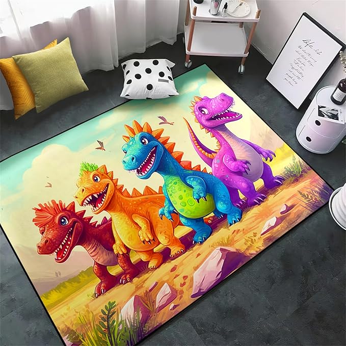 Dinosaur Rugs for Boys Bedroom - Cartoon Dinosaur Rug Dinosaur Carpet Playroom Mat for Kids Room Colorful Cute Dino Rug for Room Kids Carpet for Bedroom,4'5''×6' - LeafyLoom