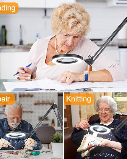 8X Large Magnifying Glass with Light and Stand, KRSTLV 2 x 16 Inch Swivel Arm LED Desk Lamp with Clamp, 5 Color Modes Stepless Dimmable Lighted Magnifier Hands Free for Close Work, Craft, Hobby, Black - LeafyLoom