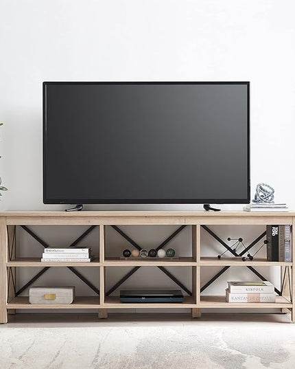 Henn&Hart Rectangular TV Stand for TV's up to 80" in White Oak, Electric Fireplace TV Stands for the Living Room - LeafyLoom