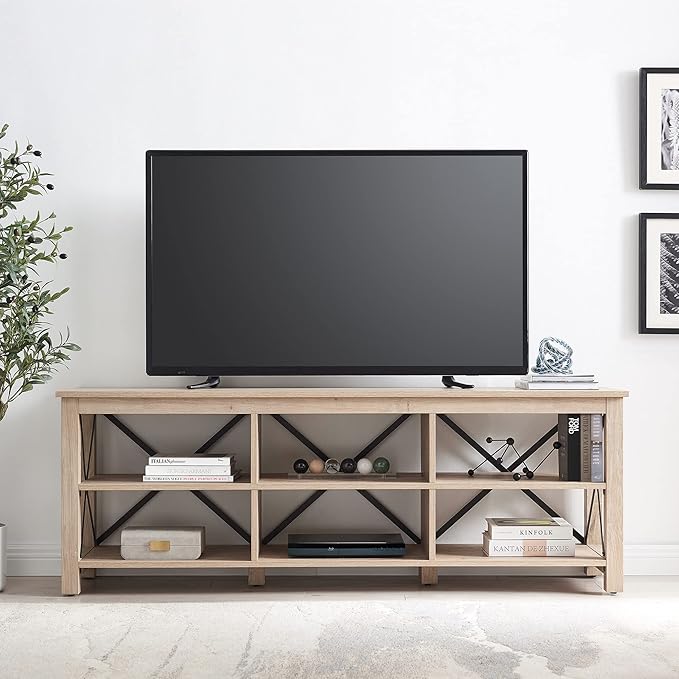 Henn&Hart Rectangular TV Stand for TV's up to 80" in White Oak, Electric Fireplace TV Stands for the Living Room - LeafyLoom