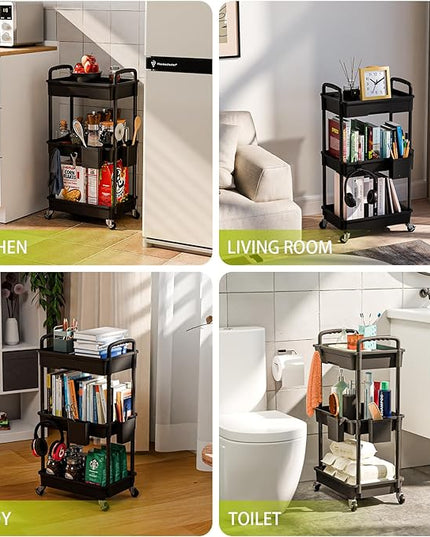 3 Tier Small Rolling Cart Organizer,Laundry Room Bathroom Organizers and Storage Office Shelves Mobile Shelving Unit Kitchen Trolley Cart with Wheels for Art,Craft,Diaper,Bedside,Snack(Black) - LeafyLoom