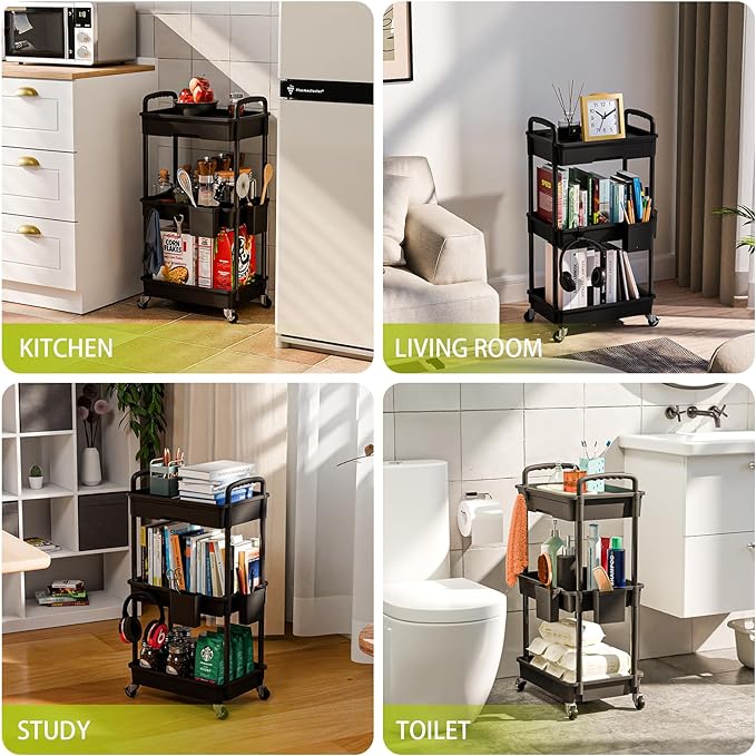 3 Tier Small Rolling Cart Organizer,Laundry Room Bathroom Organizers and Storage Office Shelves Mobile Shelving Unit Kitchen Trolley Cart with Wheels for Art,Craft,Diaper,Bedside,Snack(Black) - LeafyLoom