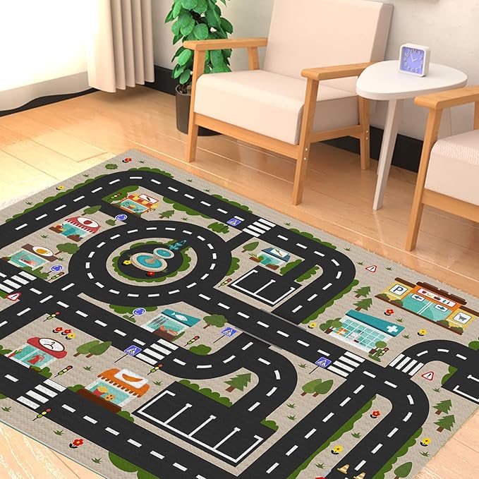 Analog ABC Kids Rug Playroom Car Rug Play Mat City Life Road Rug for Cars Fun City Map for Carpet for Bedroom Boys (78 * 118 inches, Evening City) - LeafyLoom