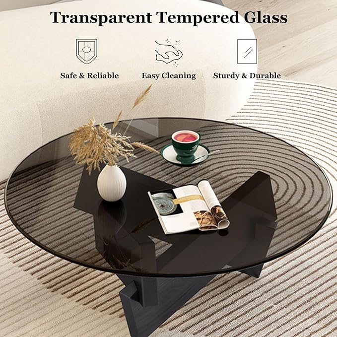 Coffee Table, Round Coffee Table for Living Room Modern Glass Coffee Table with Solid Wood Legs Farmhouse Mid Century Center Table Large Circle Cocktail Table (Black + Brown, 31.5in) - LeafyLoom