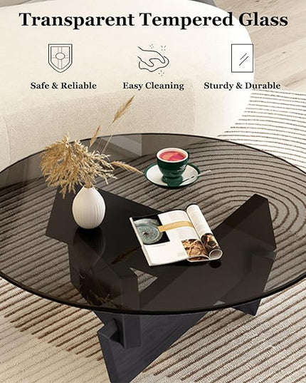 Coffee Table, Round Coffee Table for Living Room Modern Glass Coffee Table with Solid Wood Legs Farmhouse Mid Century Center Table Large Circle Cocktail Table (Black + Gray, 31.5in) - LeafyLoom
