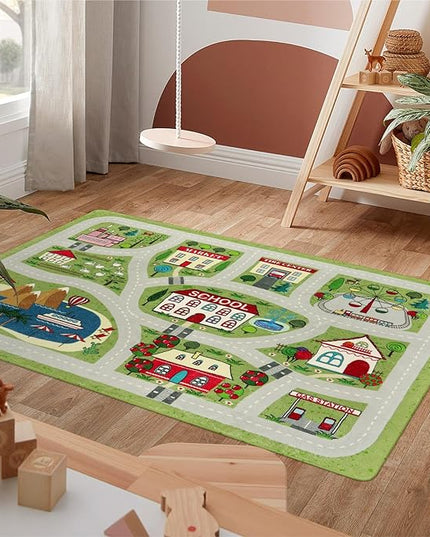 LIVEBOX Green Kids Rug for Kids Room, 3'x5' Washable Road Rug for Playroom, Non-Slip Soft Toy Car Rug for Baby Nursery, Small City Traffic Playmat for Boys Girls Dorm Bedroom Tent - LeafyLoom