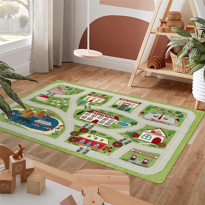 LIVEBOX Green Kids Rug for Kids Room, 3'x5' Washable Road Rug for Playroom, Non-Slip Soft Toy Car Rug for Baby Nursery, Small City Traffic Playmat for Boys Girls Dorm Bedroom Tent - LeafyLoom