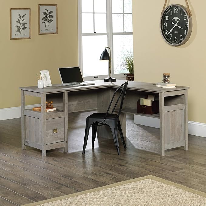 Sauder Cannery Bridge L-Desk, L: 59.06" x W: 59.06" x H: 30.04", Mystic Oak finish - LeafyLoom
