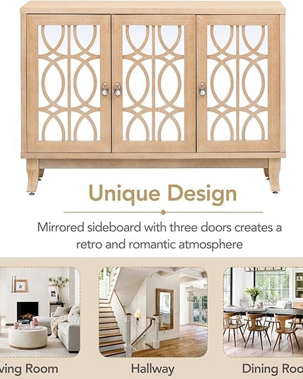 Multifunctional Sideboard with Glass, Vintage 3 Door Mirrored Buffet Cabinet,W/Silver Handle,Easy to Assemble,Console Table for Living Room Hallway Entryway,Natural Wood Wash, 47.2" - LeafyLoom