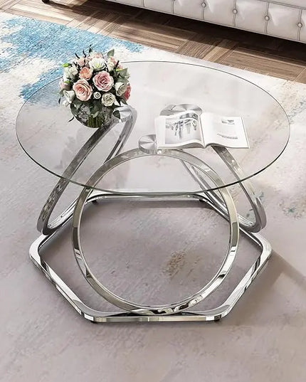 O&K FURNITURE Glass Coffee Table, Modern Silver Coffee Table Living Room Table with Hexagonal Base, Round Coffee Table for Home&Office, Chrome Finish, 1 PC - LeafyLoom