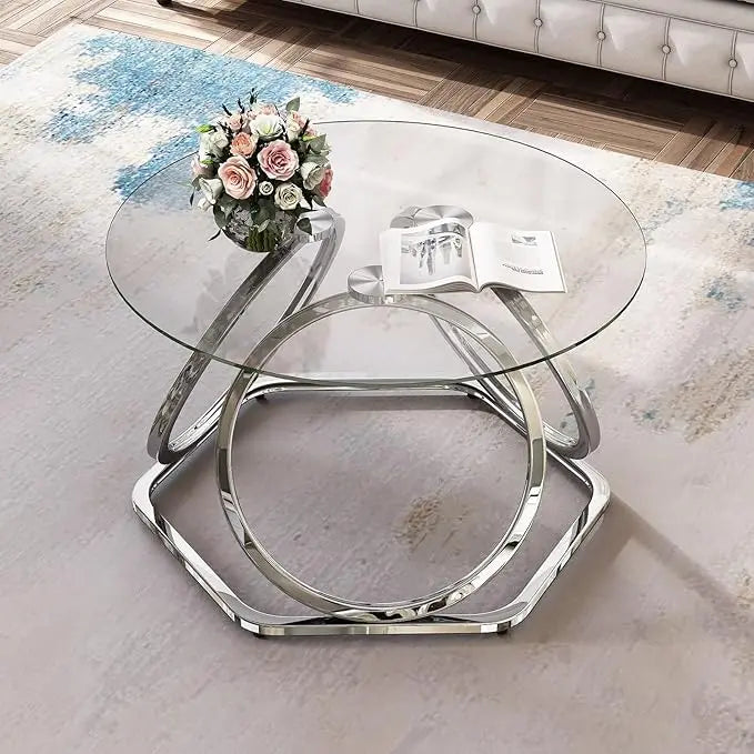 O&K FURNITURE Glass Coffee Table, Modern Silver Coffee Table Living Room Table with Hexagonal Base, Round Coffee Table for Home&Office, Chrome Finish, 1 PC - LeafyLoom