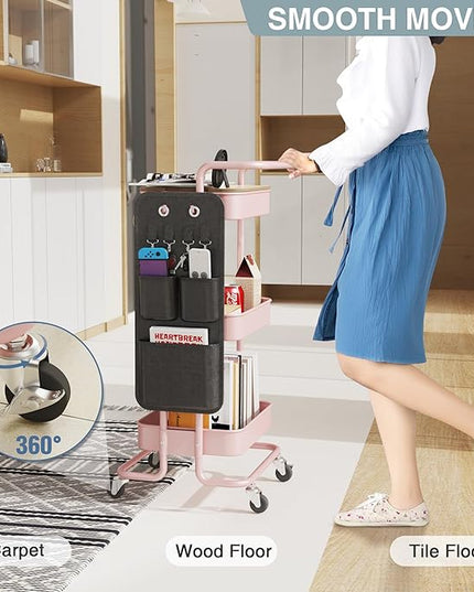 DTK 3 Tier Metal Utility Rolling Cart with Table Top and Side Bags, Metal Tray Storage Organizer Cart with Wheels, Art Craft Cart with 4 Hooks for Kitchen Bathroom Office Living Room (Pink) - LeafyLoom