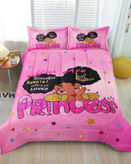 Kids Twin Bedding Set for Girls, Princess Comforter Set Twin, Black Girl Bed Set, Pink Teens Kids Daybed Quilt Set with 1 Comforter and 2 Pillow Cases - LeafyLoom