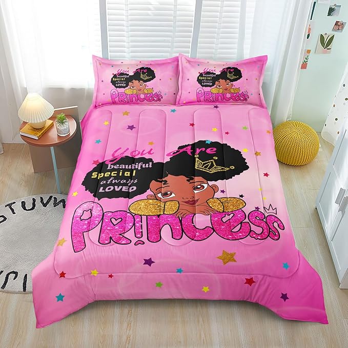 Kids Twin Bedding Set for Girls, Princess Comforter Set Twin, Black Girl Bed Set, Pink Teens Kids Daybed Quilt Set with 1 Comforter and 2 Pillow Cases - LeafyLoom