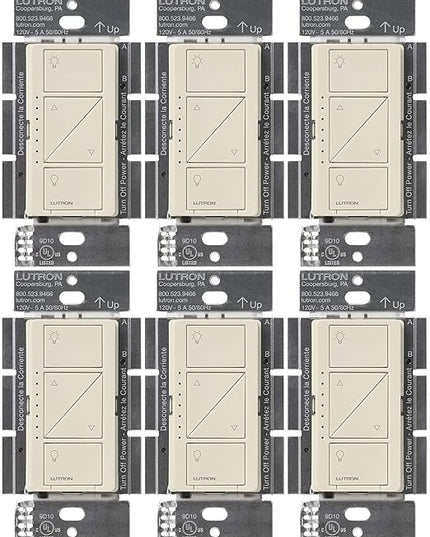 Lutron Caseta Original Smart Dimmer Switch (Lutron Smart Hub Required), for LED Lights, 150 Watt, Single-Pole/3-Way, No Neutral Required, PD-6WCL-LA 6-PACK, Light Almond, 6 Pack Lutron