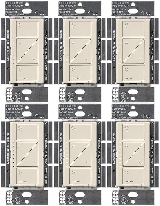 Lutron Caseta Original Smart Dimmer Switch (Lutron Smart Hub Required), for LED Lights, 150 Watt, Single-Pole/3-Way, No Neutral Required, PD-6WCL-LA 6-PACK, Light Almond, 6 Pack Lutron