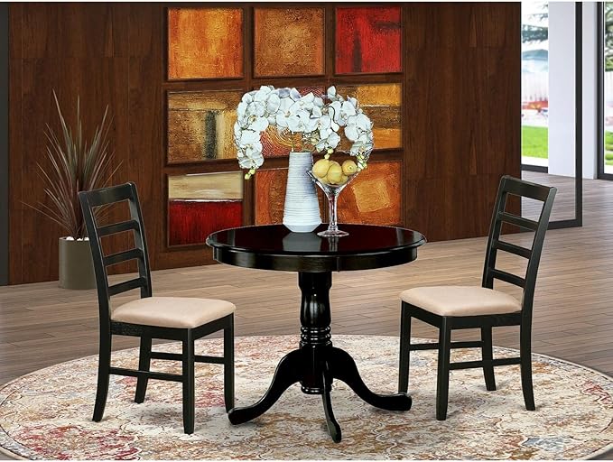 East West Furniture ANPF3-CAP-C 3 Piece Room Furniture Set Contains a Round Kitchen Table with Pedestal and 2 Linen Fabric Upholstered Dining Chairs, 36x36 Inch - LeafyLoom