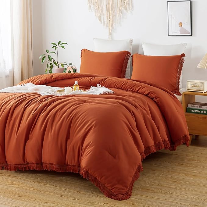 Andency Twin Comforter Set Burnt Orange, 2 Pieces Terracotta Boho Tassel Kids Comforter Sets for Boys Girls Teens, All Season Rust Soft Bed Set (66x90In Comforter & 1 Pillowcase) - LeafyLoom