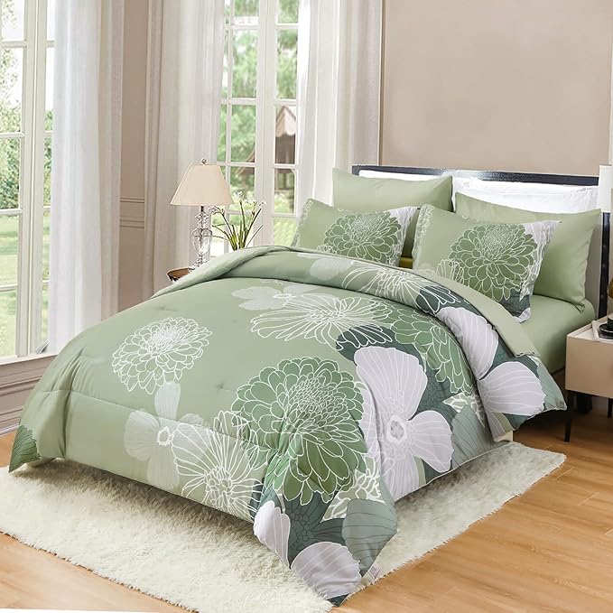 Yiran 7 Pieces Bed in a Bag Green Comforter Set Queen Floral Comforter Soft Microfiber Bedding Set with 1 Comforter 1 Flat Sheet 1 Fitted Sheet 2 Pillowshams and 2 Pillowcases - LeafyLoom