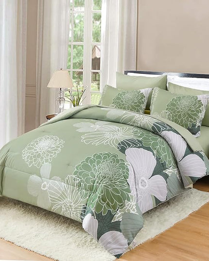 Yiran Bed in a Bag Green Comforter 7 Pieces Floral Bedding Set Soft Microfiber King Comforter Sets with 1 Comforter 1 Flat Sheet 1 Fitted Sheet 2 Pillowshams and 2 Pillowcases - LeafyLoom