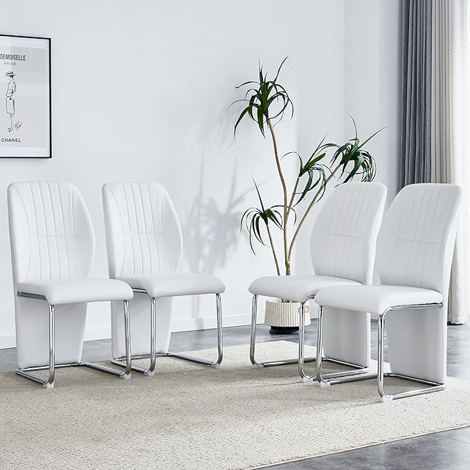 NicBex Dining Chairs Set of 4 Modern PU Dining Room Kitchen Chairs with Wrap-Around High Backrest,Silver Metal Legs,Chairs for Dining Room, Kitchen,Living Room, and Restaurants,White - LeafyLoom