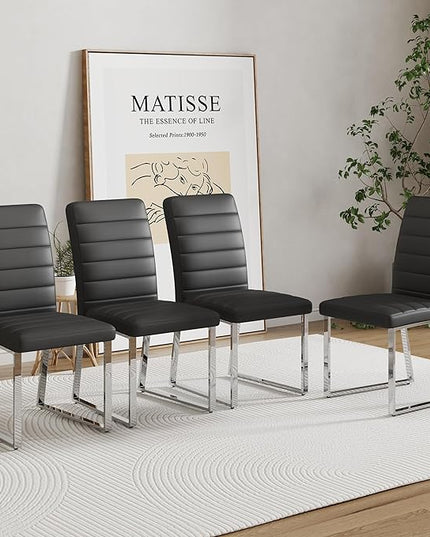 Dining Chairs Set of 4 Modern Faux Leather High Back Dining Room Kitchen Chairs with Silver Metal Legs,Chairs for Dining Room, Kitchen,Living Room, and Restaurants,Black - LeafyLoom