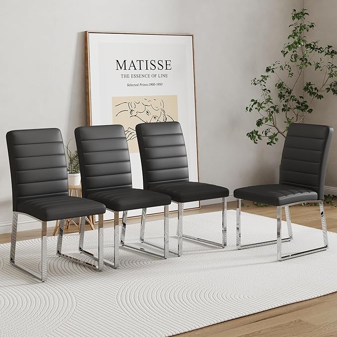 Dining Chairs Set of 4 Modern Faux Leather High Back Dining Room Kitchen Chairs with Silver Metal Legs,Chairs for Dining Room, Kitchen,Living Room, and Restaurants,Black - LeafyLoom