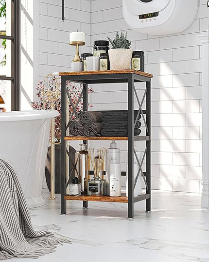 YMYNY 3 Tiers Bookcase, Industrial Metal Bookshelf with Side Fence, Storage Organizer for Living Room, Home Office, Bedroom, Display Racks, Sofa Side Table, Rustic Brown, 29.5*15.75*11.4" UHST008H - LeafyLoom