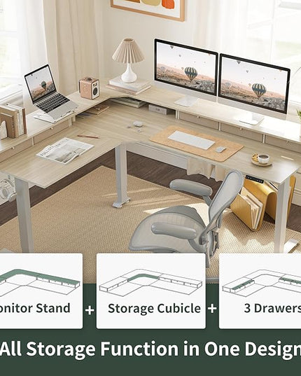 FEZIBO Triple Motor 75" L Shaped Standing Desk with 5 Drawers, Reversible Electric Standing Gaming Desk Adjustable Height, Corner Stand up Desk with Splice Board, White Frame/Light Walnut Top - LeafyLoom