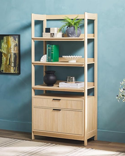 Walker Edison Modern Reeded 4-Shelf Bookshelf Bottom, 33 Inch, Two-Drawer Coastal Oak - LeafyLoom