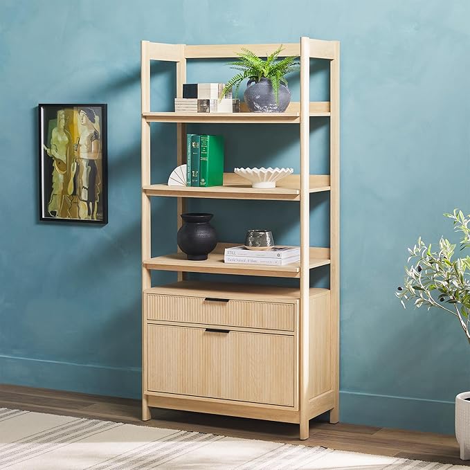 Walker Edison Modern Reeded 4-Shelf Bookshelf Bottom, 33 Inch, Two-Drawer Coastal Oak - LeafyLoom