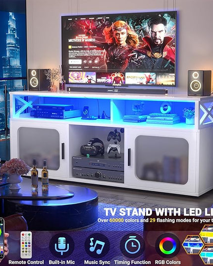 Aheaplus TV Stand for 55 60 Inch TV, Entertainment Center with LED Light & Charging Station, TV Console Table, Large Media Console Cabinet w/Soundbar Shelf, Cord Holes, for Living Room, Bedroom, White - LeafyLoom