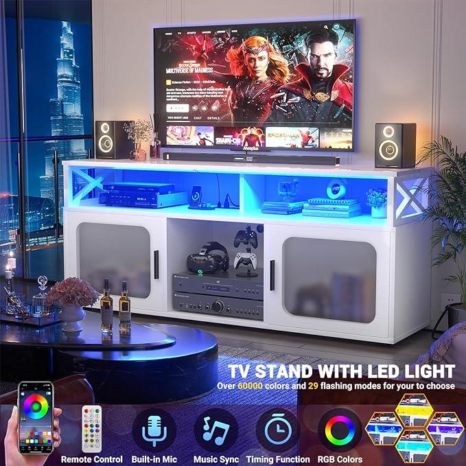 Aheaplus TV Stand for 55 60 Inch TV, Entertainment Center with LED Light & Charging Station, TV Console Table, Large Media Console Cabinet w/Soundbar Shelf, Cord Holes, for Living Room, Bedroom, White - LeafyLoom