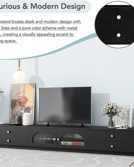 TV Stand with Drawers, 86 Inch Entertainment Center with Fluted Glass Doors for TVs Up to 90'', TV Console with Ample Storage Space for Living Room, Black - LeafyLoom