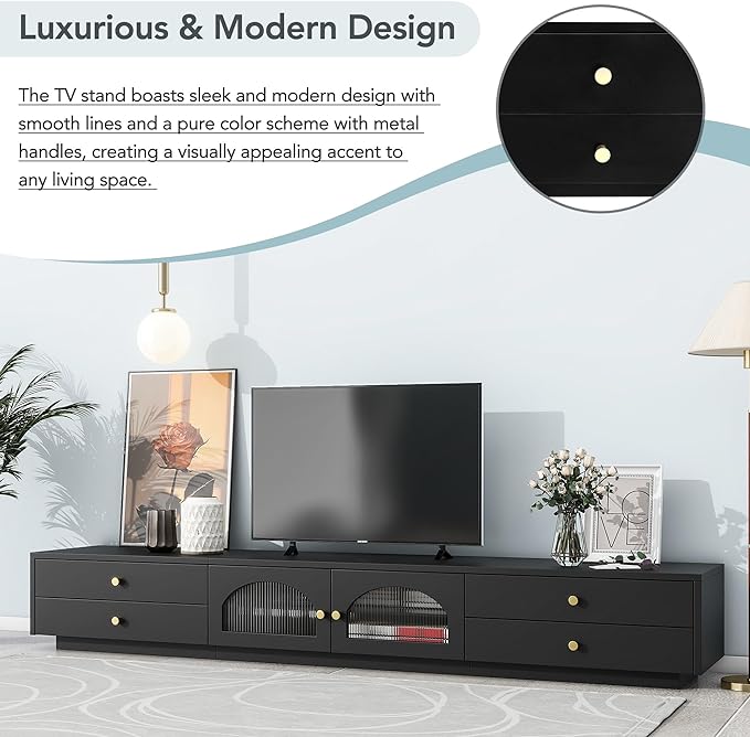 TV Stand with Drawers, 86 Inch Entertainment Center with Fluted Glass Doors for TVs Up to 90'', TV Console with Ample Storage Space for Living Room, Black - LeafyLoom