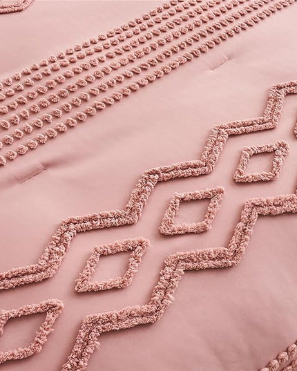 KAKIJUMN Blush Pink Tufted Comforter Set King Size 7 Piece Bed in a Bag, Shabby Chic Boho Comforter and Sheet Set, All Season Soft Microfiber Complete Bedding Set(Pink,King) - LeafyLoom